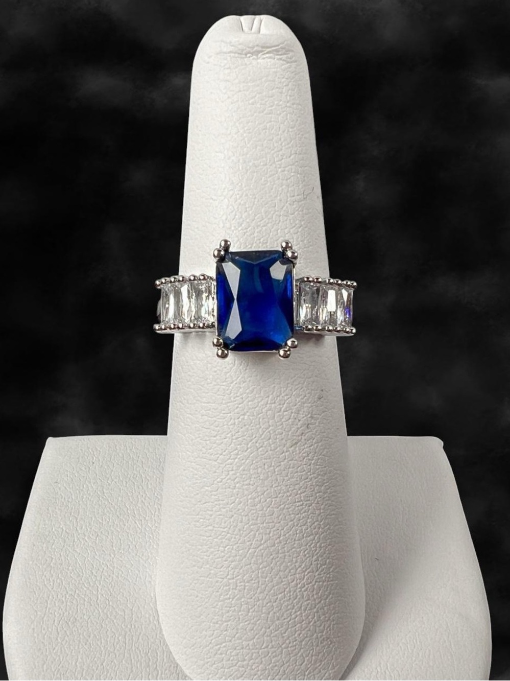 Sterling Silver Blue Emerald Cut Baguette Stone Ring Adjustable Size 7